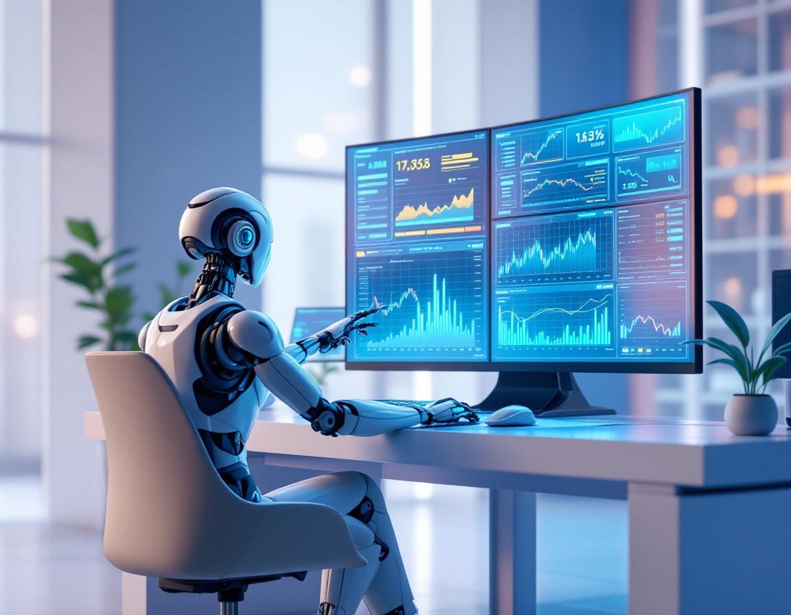 A hyper-realistic AI trading bot at a high-tech workstation, analyzing stock and crypto market data.
