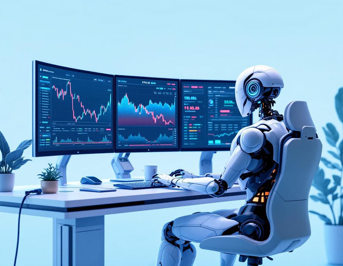 A sleek humanoid AI trading bot at a workstation analyzing market data on multiple screens.