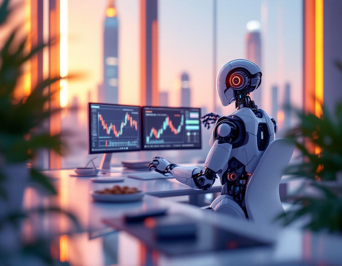 A sleek humanoid AI trading bot at a workstation analyzing crypto market data on multiple screens.
