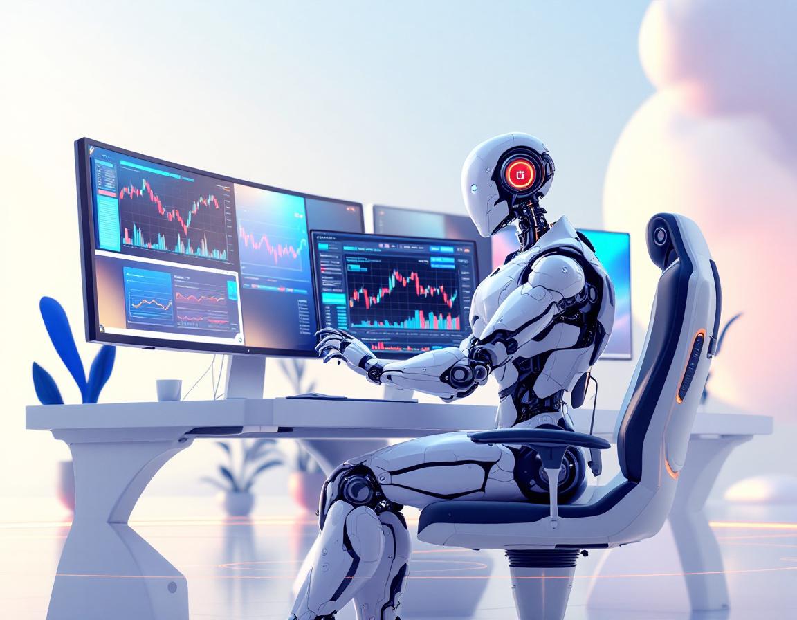 A humanoid AI trading bot analyzes market data at a high-tech workstation with glowing screens.