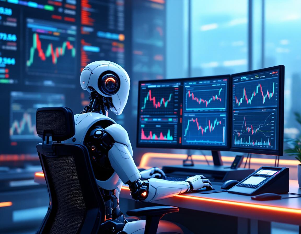 A humanoid AI trading bot at a high-tech workstation analyzing market data on multiple screens.