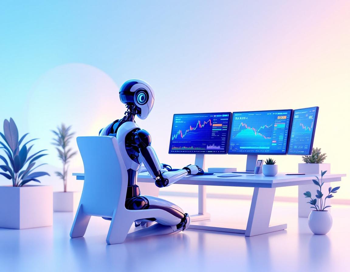 Hyper-realistic AI trading bot at futuristic workstation, analyzing market data on multiple screens.