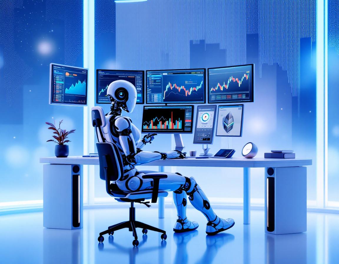 A hyper-realistic AI trading bot analyzes market data at a sleek workstation with multiple screens.