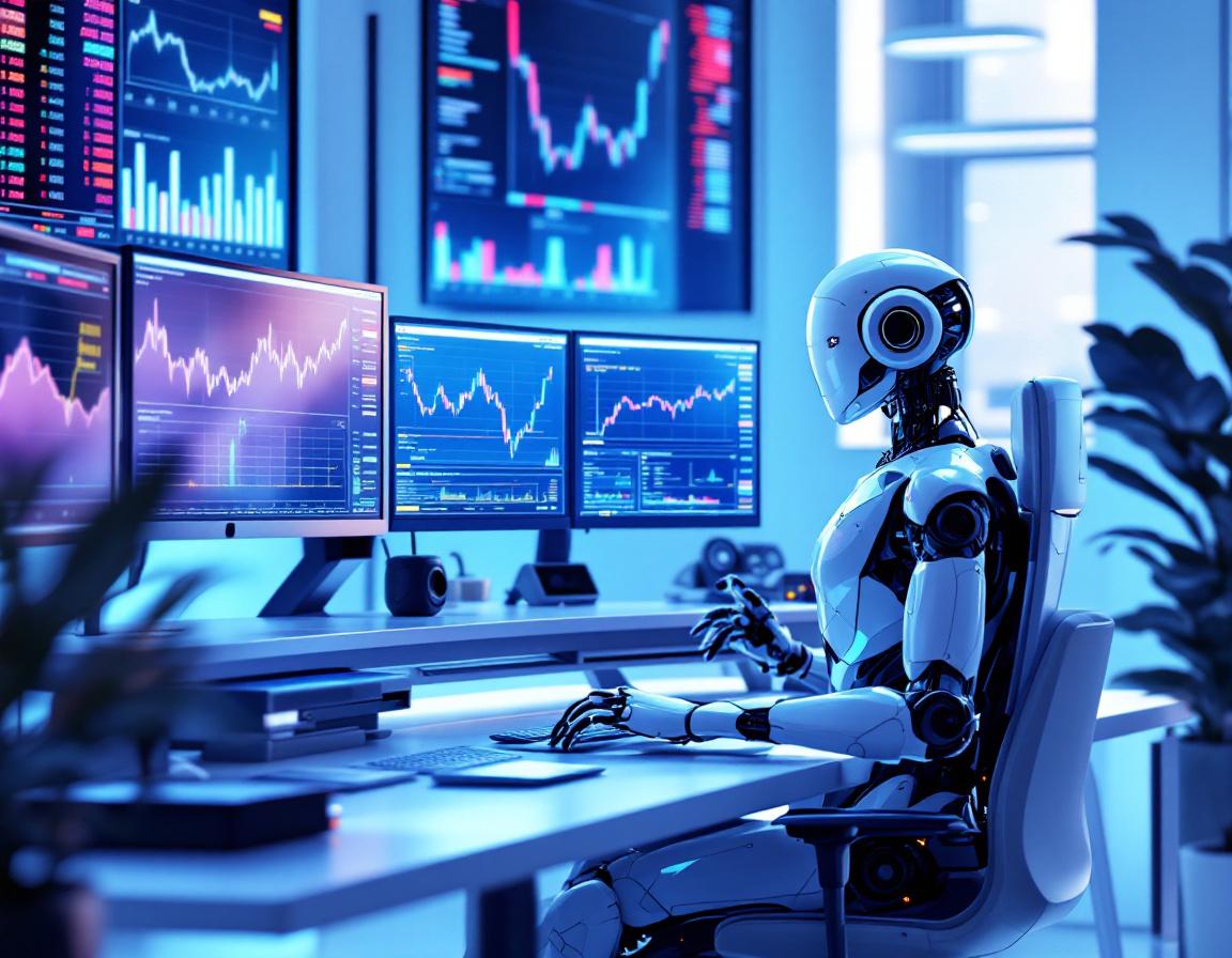 A hyper-realistic AI trading bot at a workstation, analyzing market data across multiple screens.
