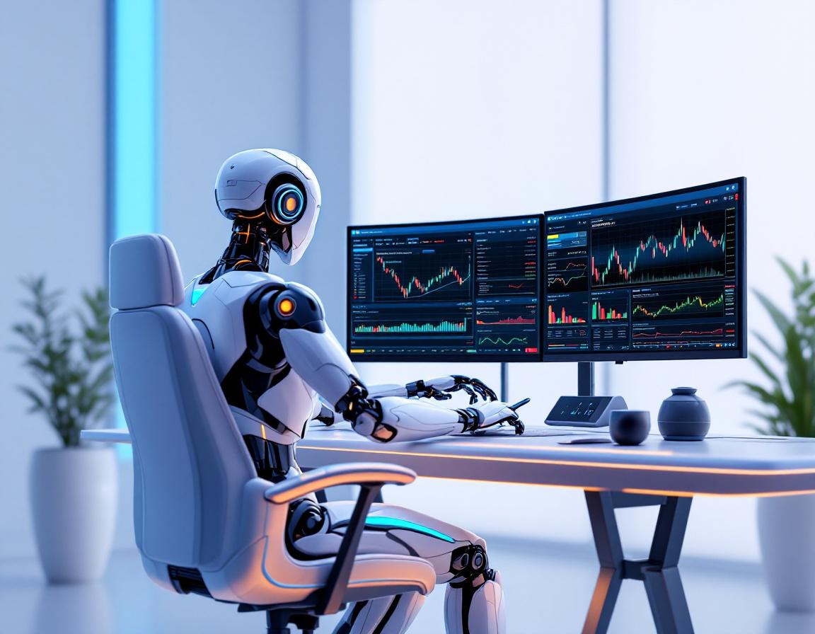 A humanoid AI trading bot analyzes market data at a high-tech workstation with multiple screens.