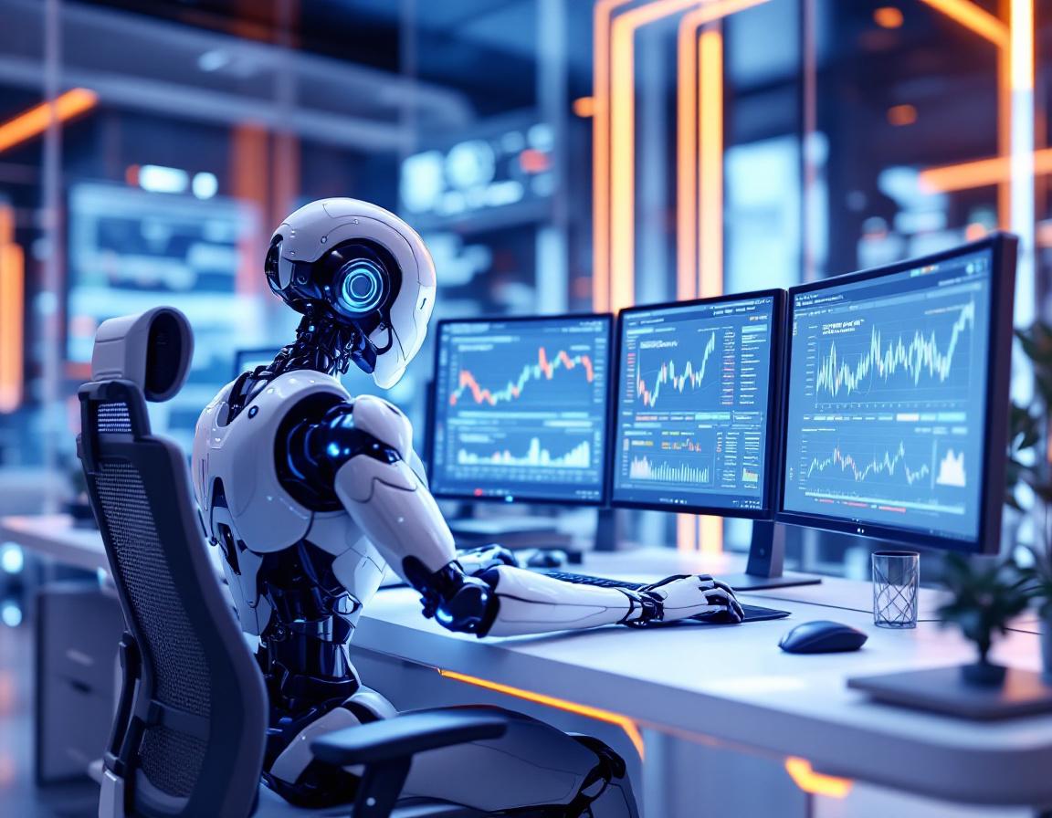 A humanoid AI trading bot analyzes market data at a high-tech workstation with multiple screens.