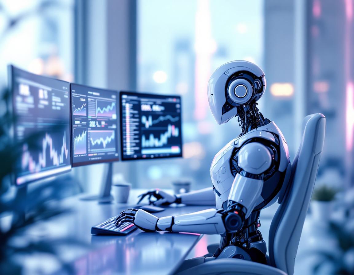 A sleek AI-powered trading bot analyzes data at a high-tech workstation with multiple screens.