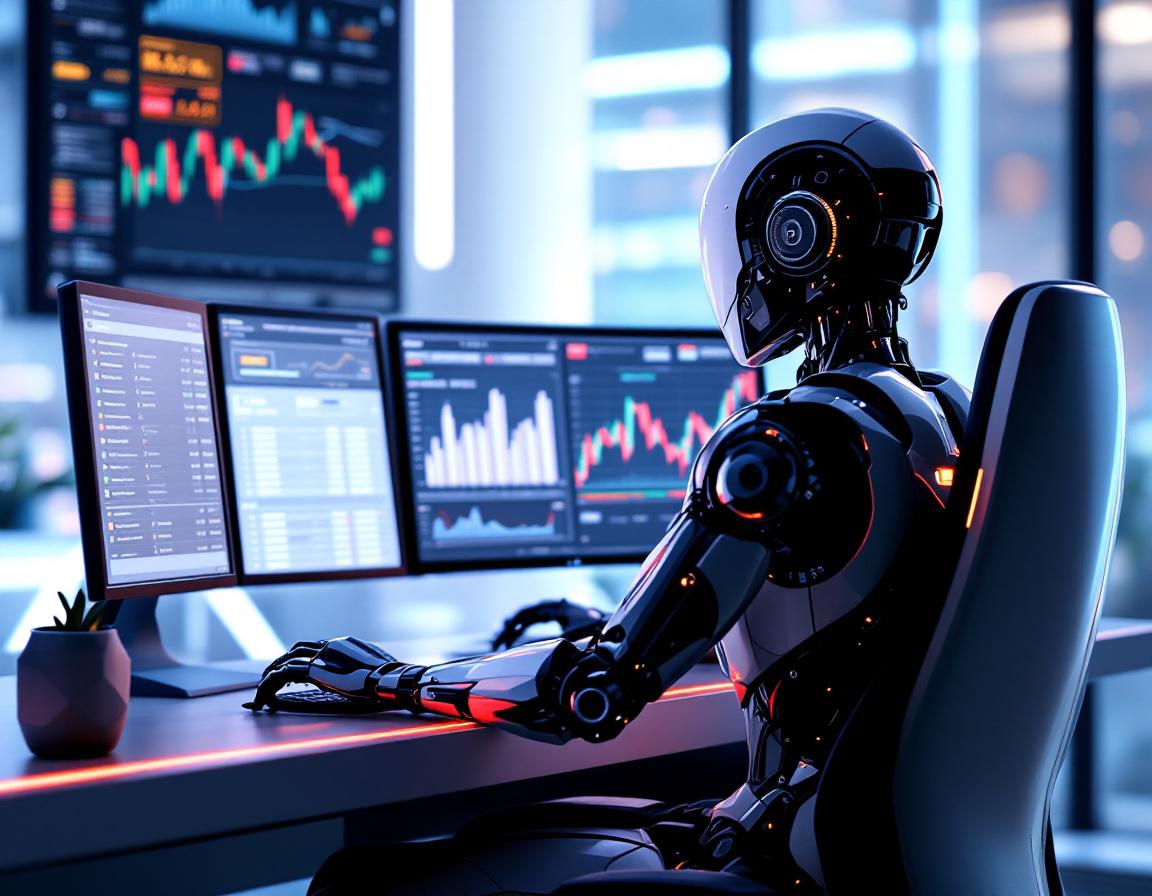 A hyper-realistic AI trading bot analyzing market data at a sleek workstation with glowing screens.