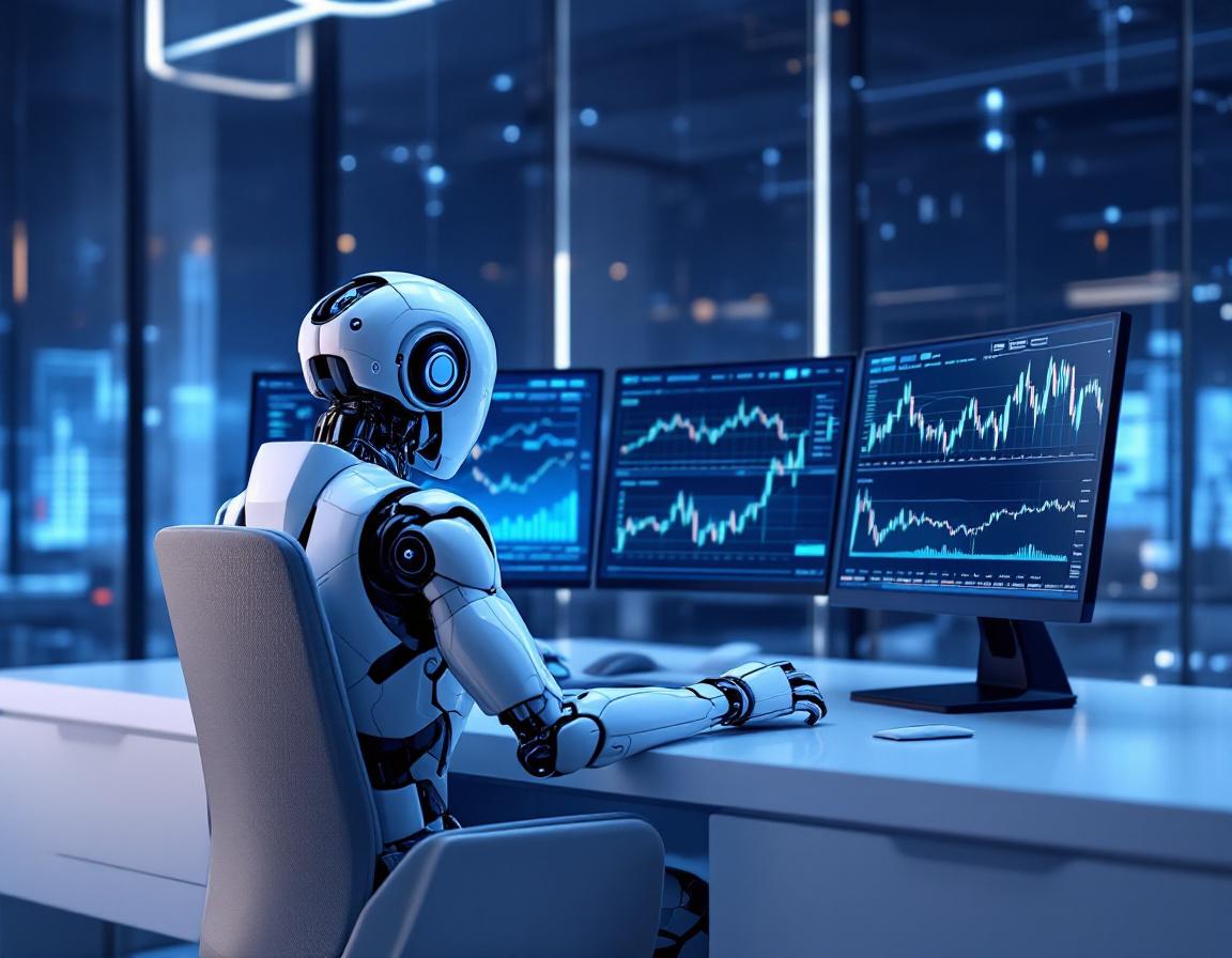 A futuristic AI trading bot analyzes market data on multiple screens in a sleek trading environment.