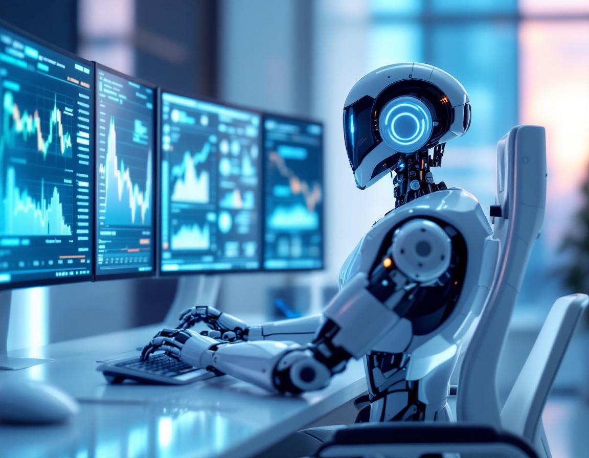 A futuristic AI trading bot analyzes market data at a high-tech workstation with multiple screens.