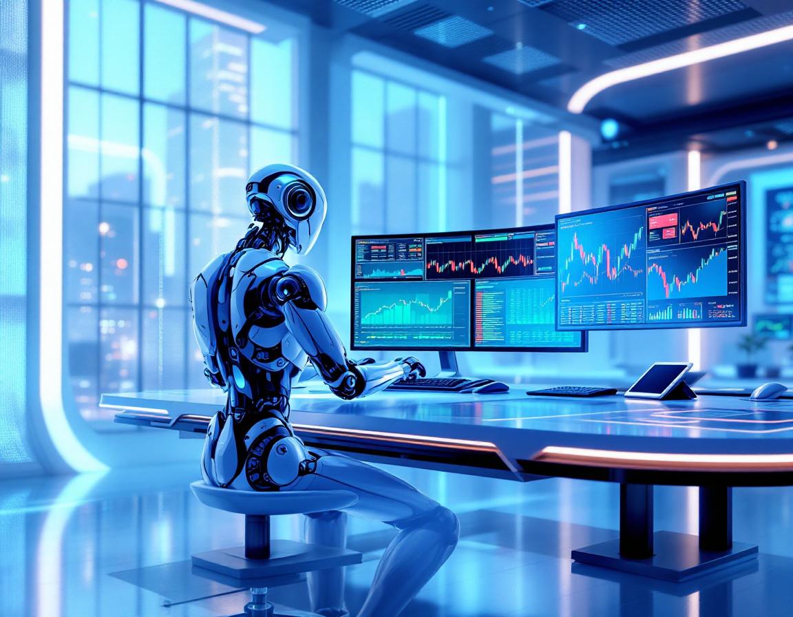 A humanoid AI trading bot analyzes market data at a high-tech workstation with glowing screens.