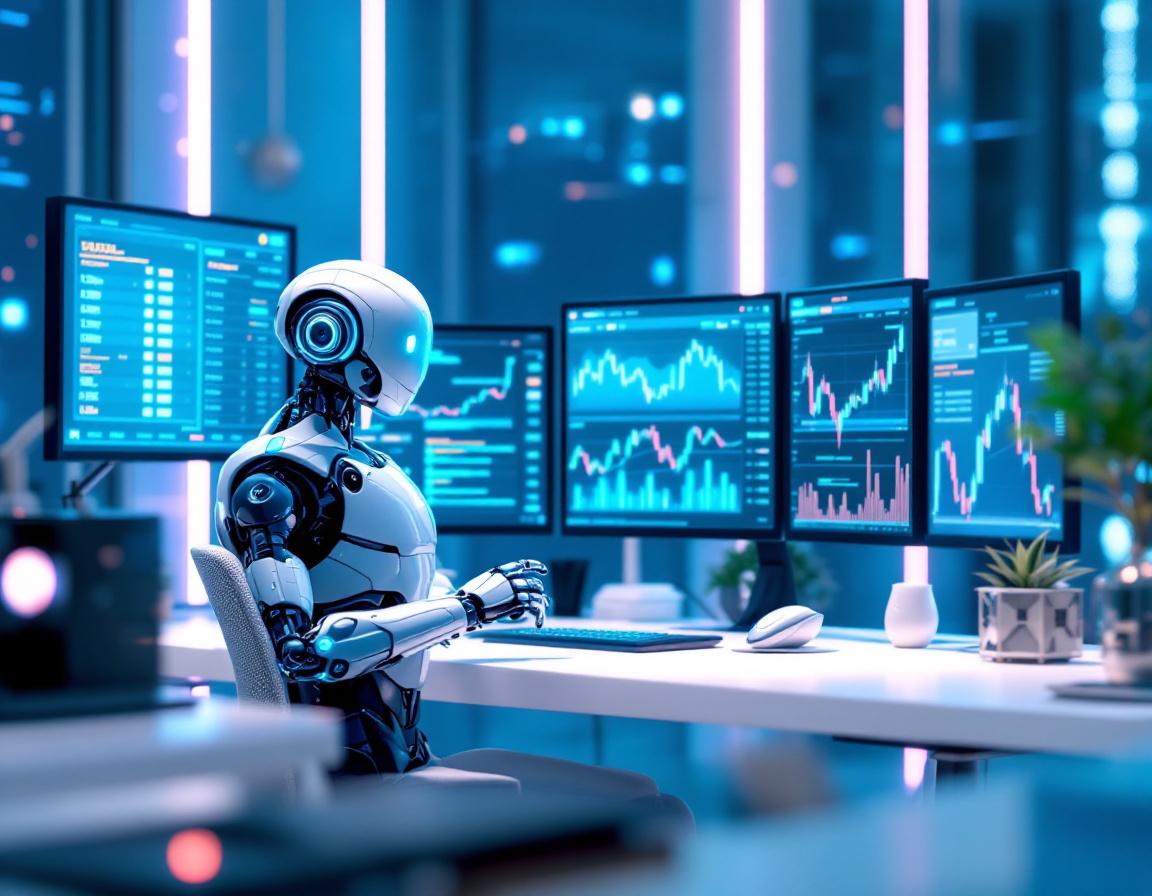 A futuristic AI trading bot at a high-tech workstation, analyzing crypto data on multiple screens.