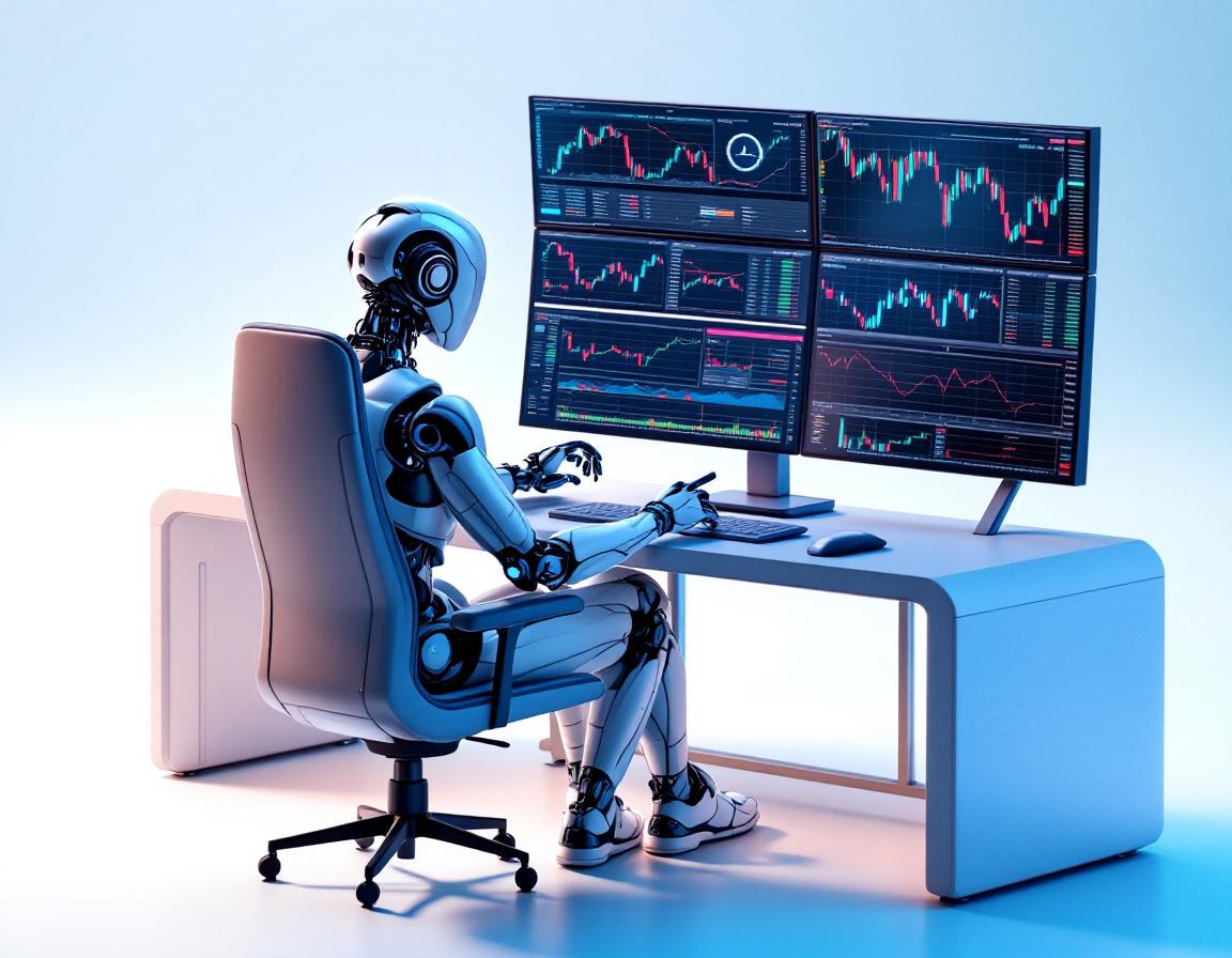 A sleek humanoid AI trading bot analyzes market data at a high-tech workstation in a calm setting.