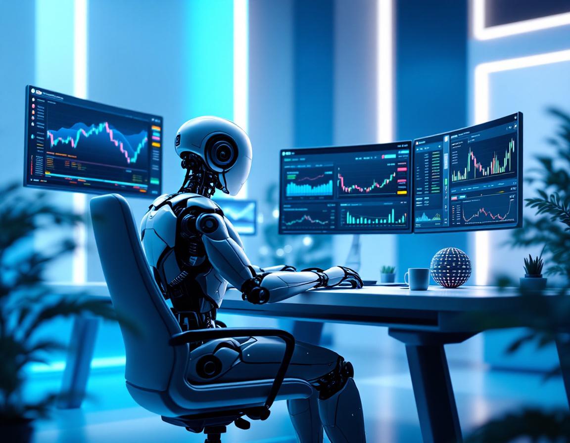 A hyper-realistic AI trading bot at a workstation analyzes market data on multiple screens.