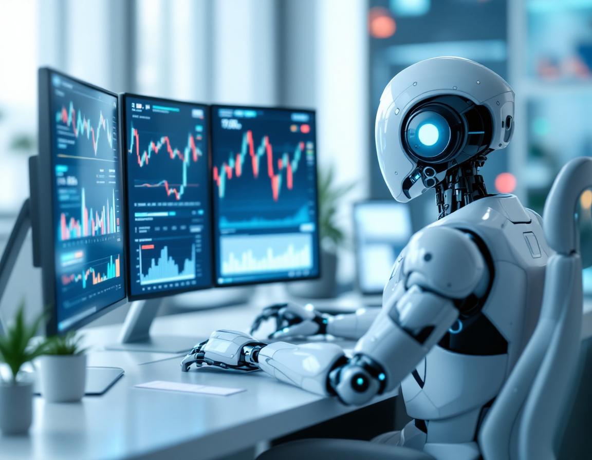 A hyper-realistic AI trading bot at a high-tech workstation analyzing stock and crypto market data.