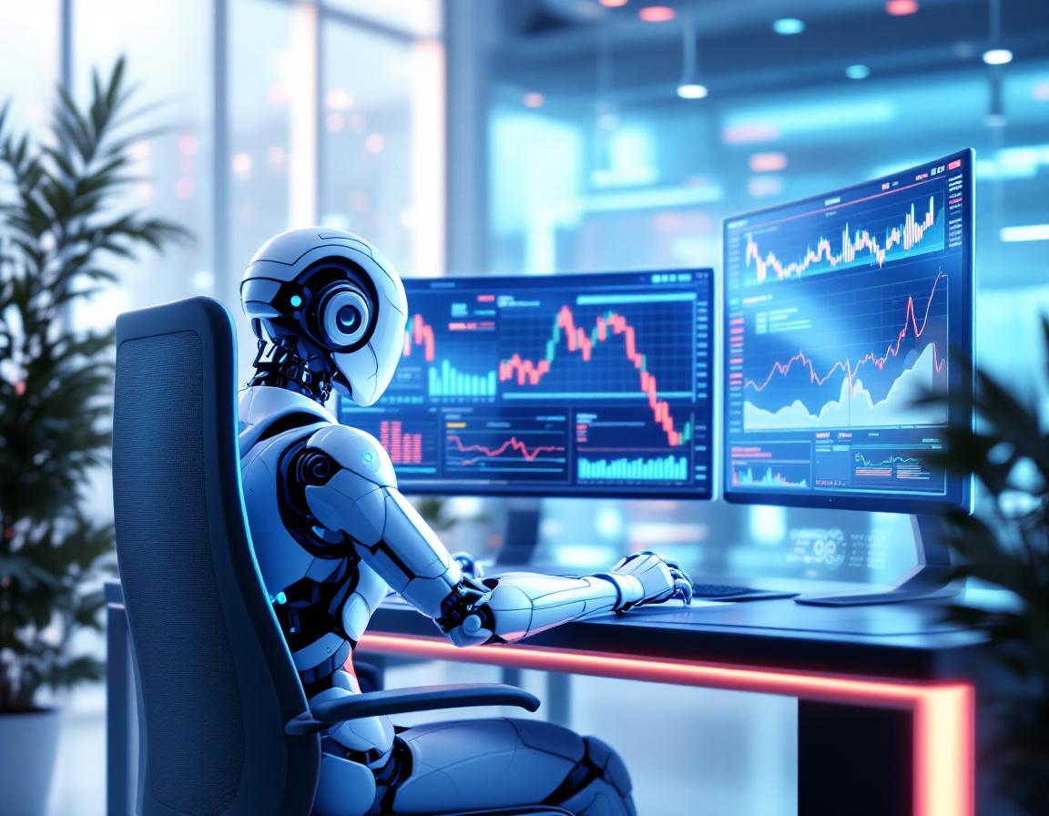 A hyper-realistic AI trading bot in a futuristic setting, analyzing market data on multiple screens.