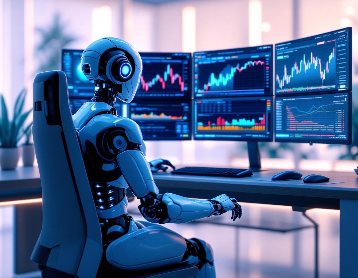 A humanoid AI trading bot analyzes market data at a high-tech workstation, with glowing interfaces.