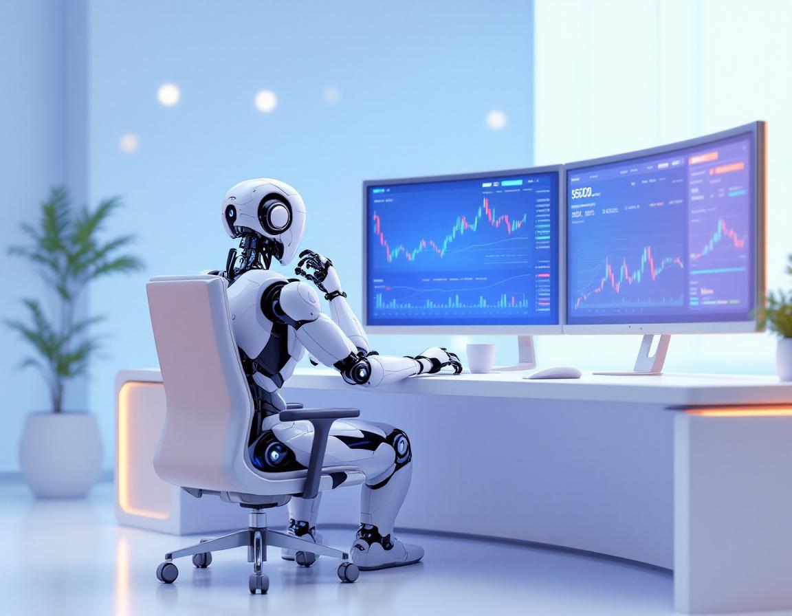 A hyper-realistic AI trading bot at a workstation, analyzing market trends on multiple screens.