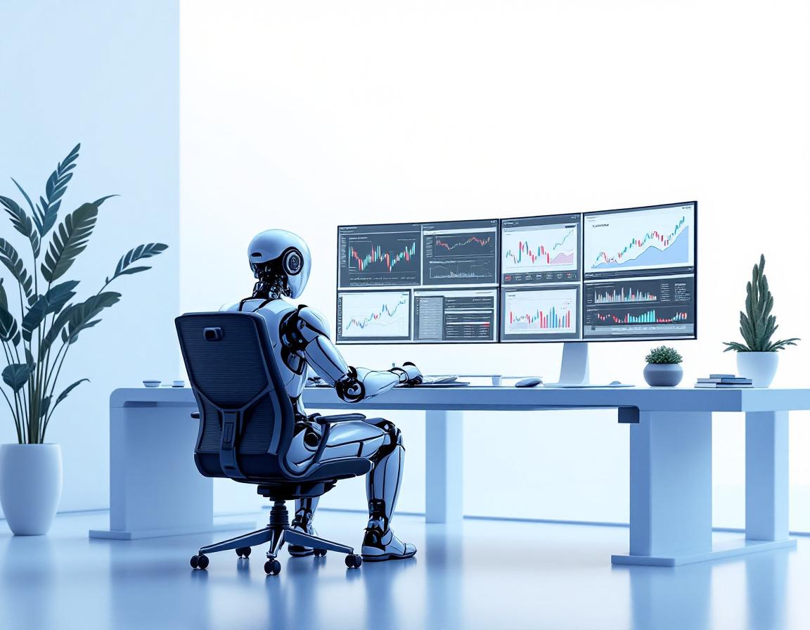 A hyper-realistic AI trading bot at a high-tech workstation analyzing crypto and stock market data.