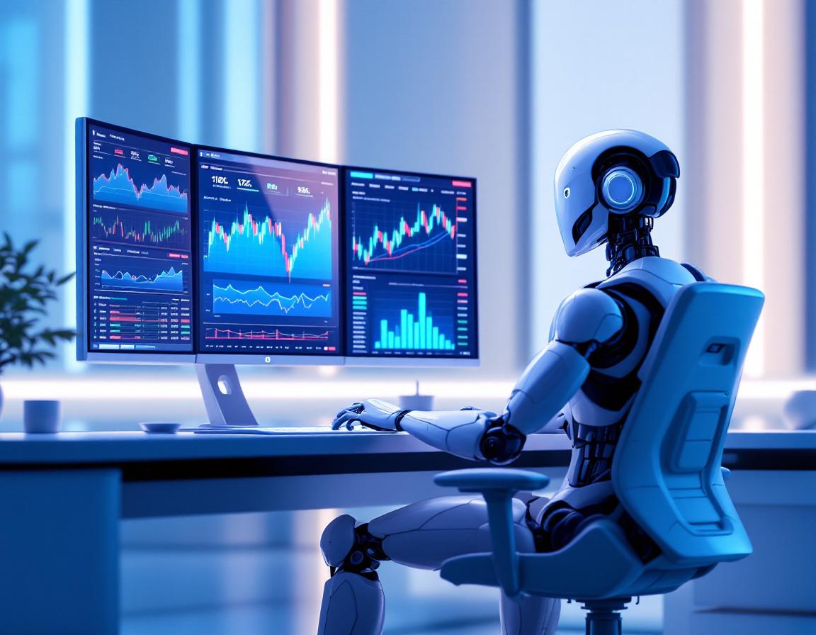 A sleek humanoid AI trading bot analyzes market data on multiple screens in a futuristic office.