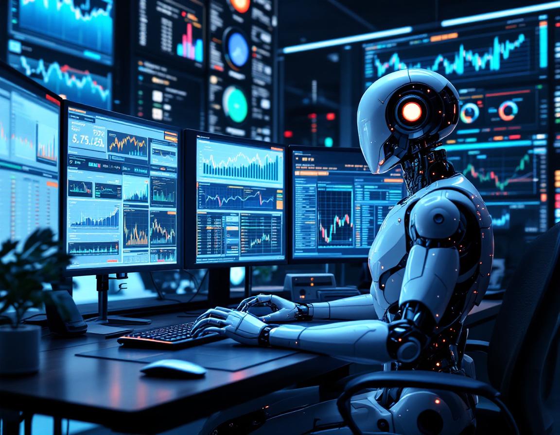 A hyper-realistic AI trading bot at a workstation analyzing crypto stock data on multiple screens.