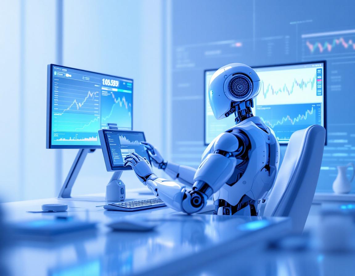 A hyper-realistic AI trading bot at a workstation analyzing market trends on multiple screens in 3D.