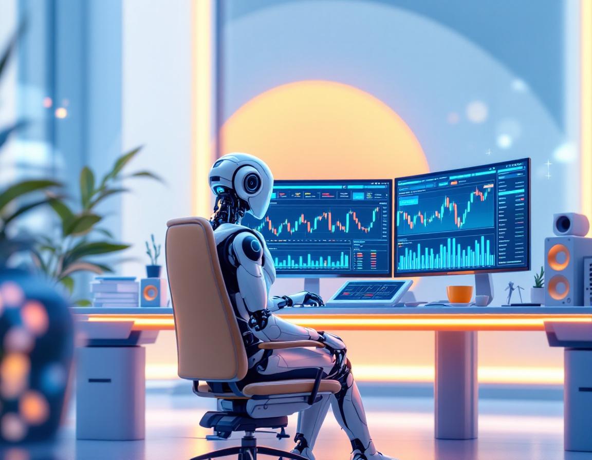 A 3D realistic AI trading bot analyzes market data at a high-tech workstation with multiple screens.