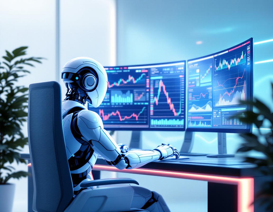 A humanoid AI trading bot in a futuristic setting analyzes market data across multiple screens.