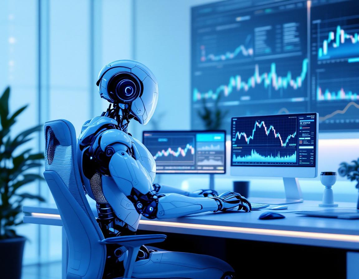 A sleek AI trading bot analyzes market data on multiple screens in a high-tech financial setting.