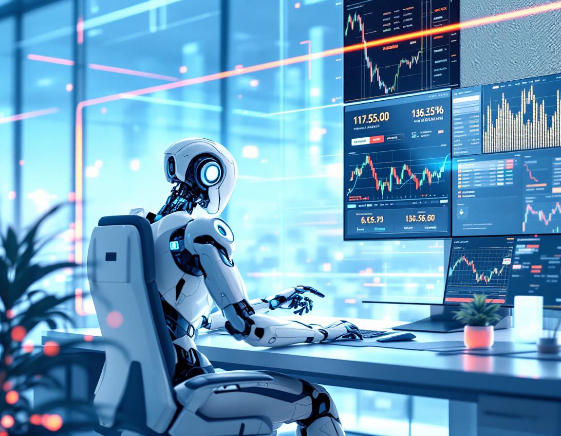 A humanoid AI trading bot analyzes market data at a futuristic workstation with multiple screens.