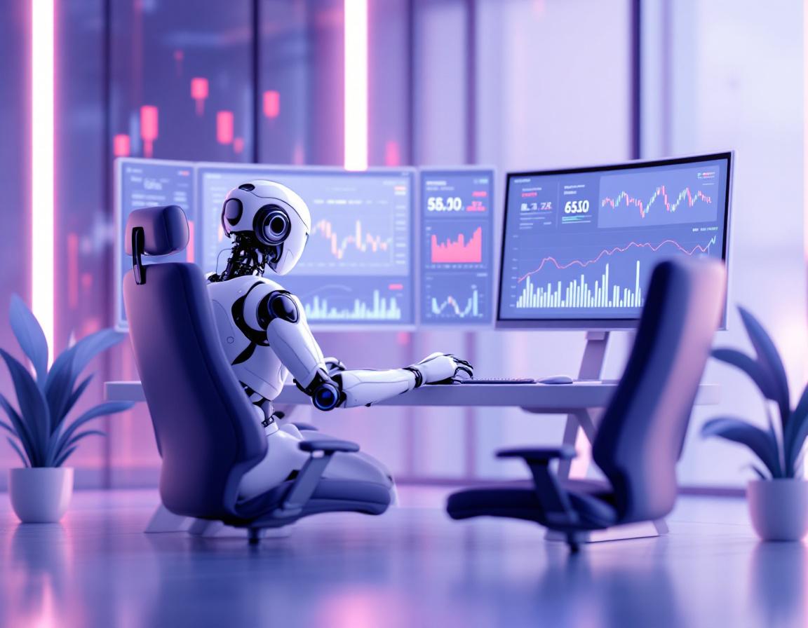 A humanoid AI trading bot analyzes market data at a high-tech workstation with vibrant screens.