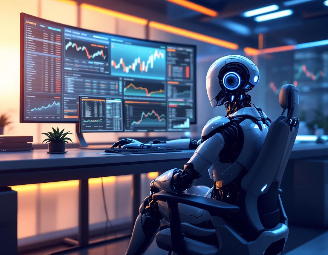 A hyper-realistic AI trading bot at a high-tech workstation, analyzing crypto and stock market data.
