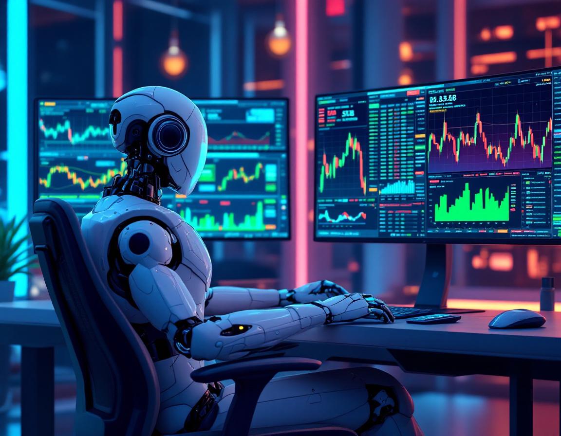 A hyper-realistic AI trading bot analyzing market data at a high-tech workstation with screens.