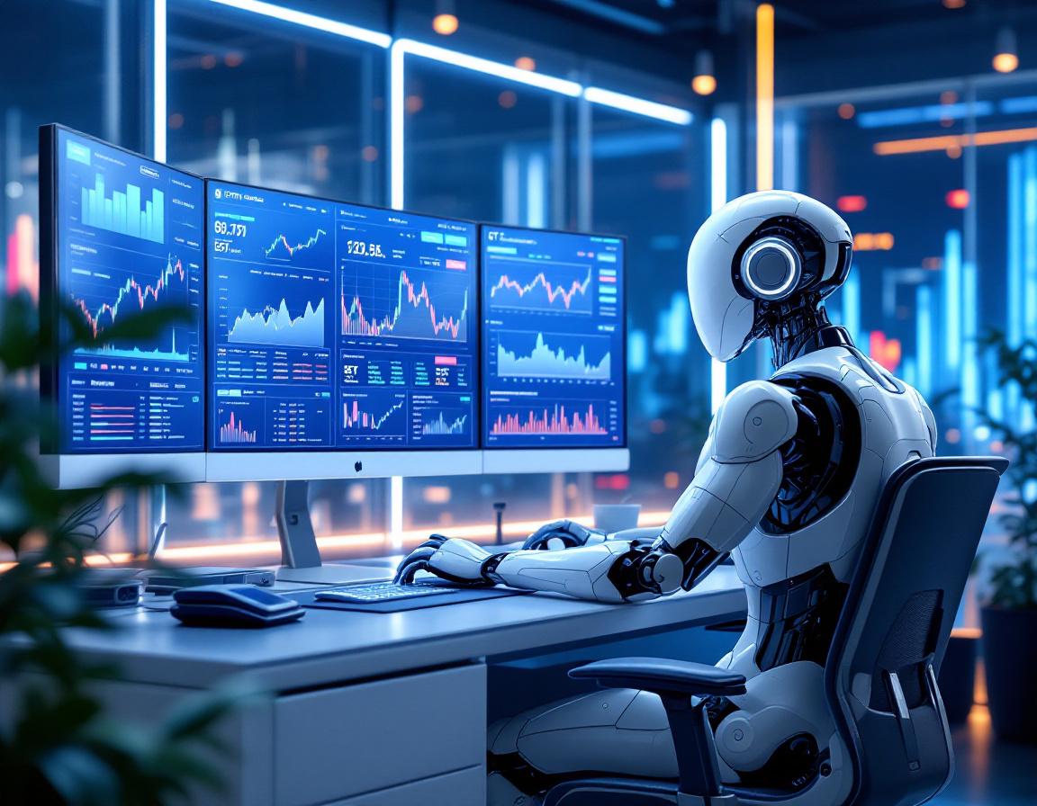 A humanoid AI trading bot at a workstation, analyzing market data on multiple futuristic screens.