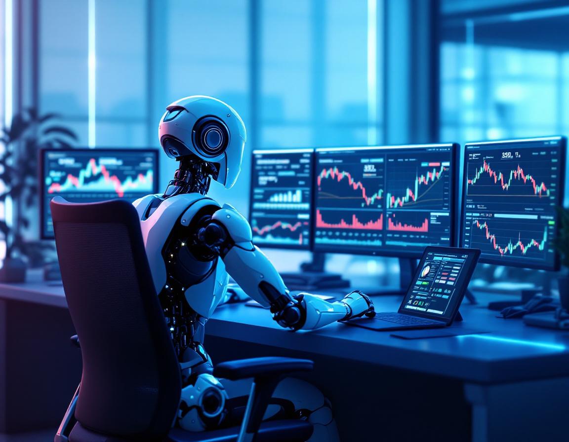 A sleek humanoid AI trading bot at a high-tech workstation analyzing crypto and stock market data.