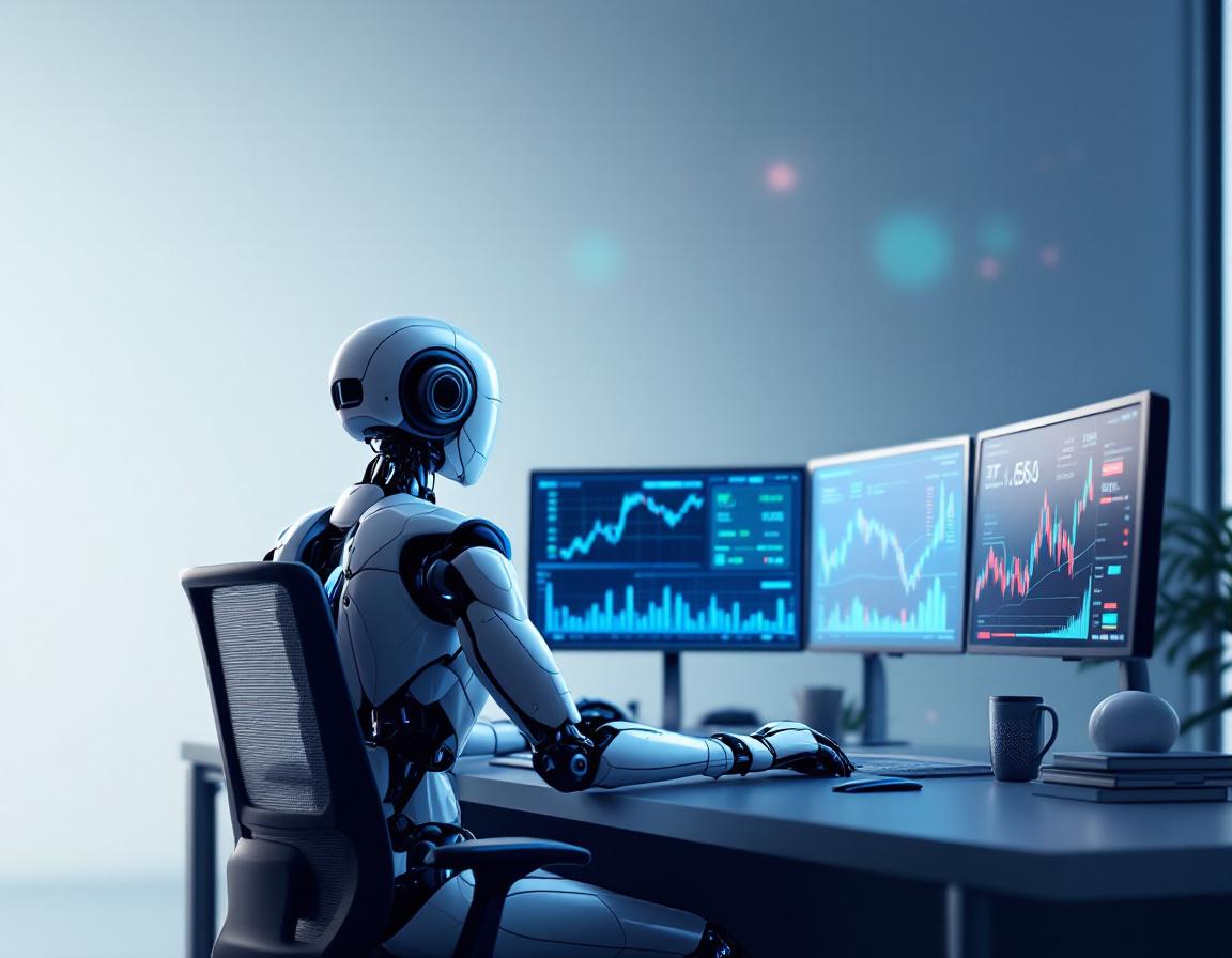 A hyper-realistic AI trading bot analyzes market data at a futuristic workstation with screens.
