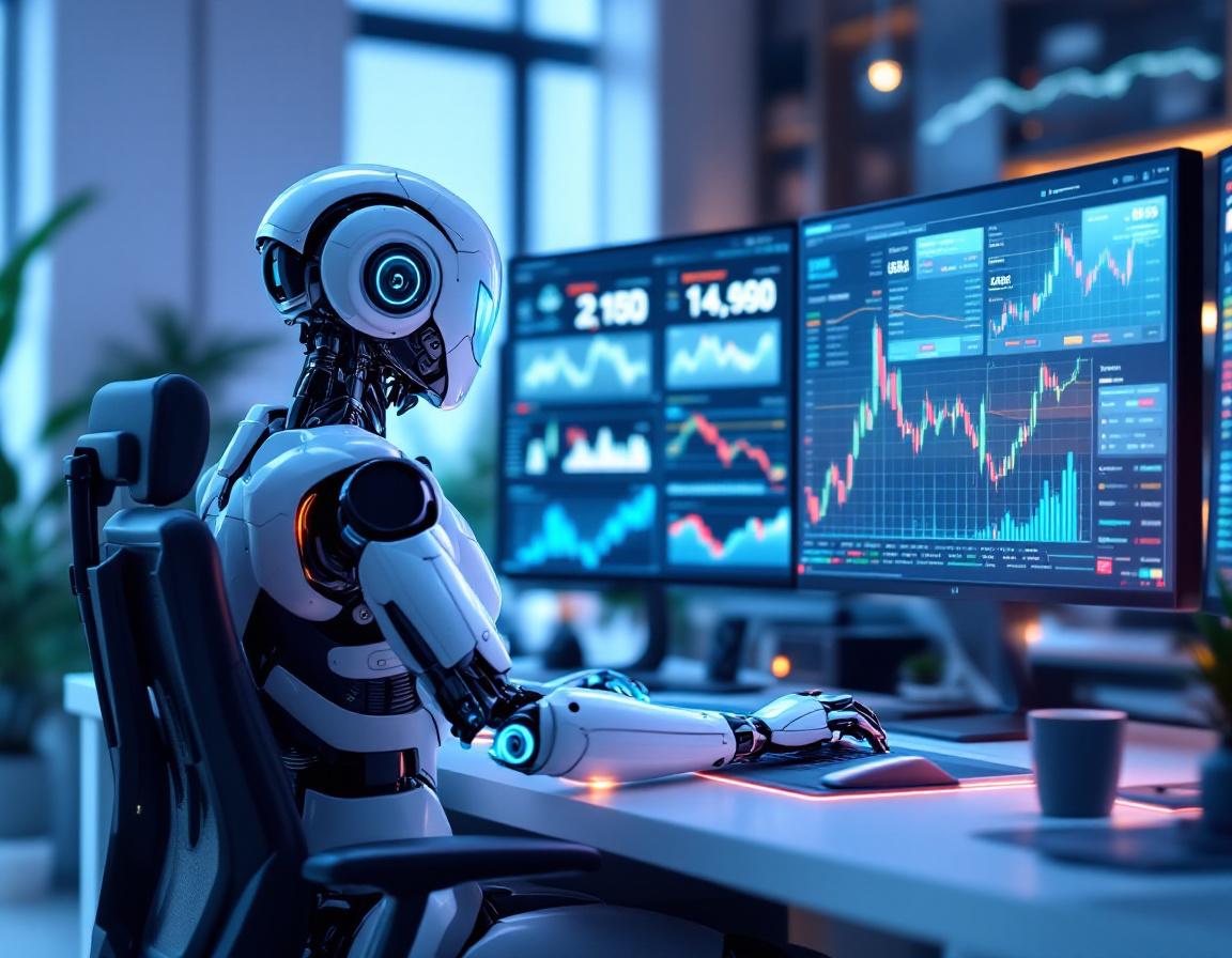 A humanoid AI trading bot analyzes market data at a high-tech workstation with multiple screens.