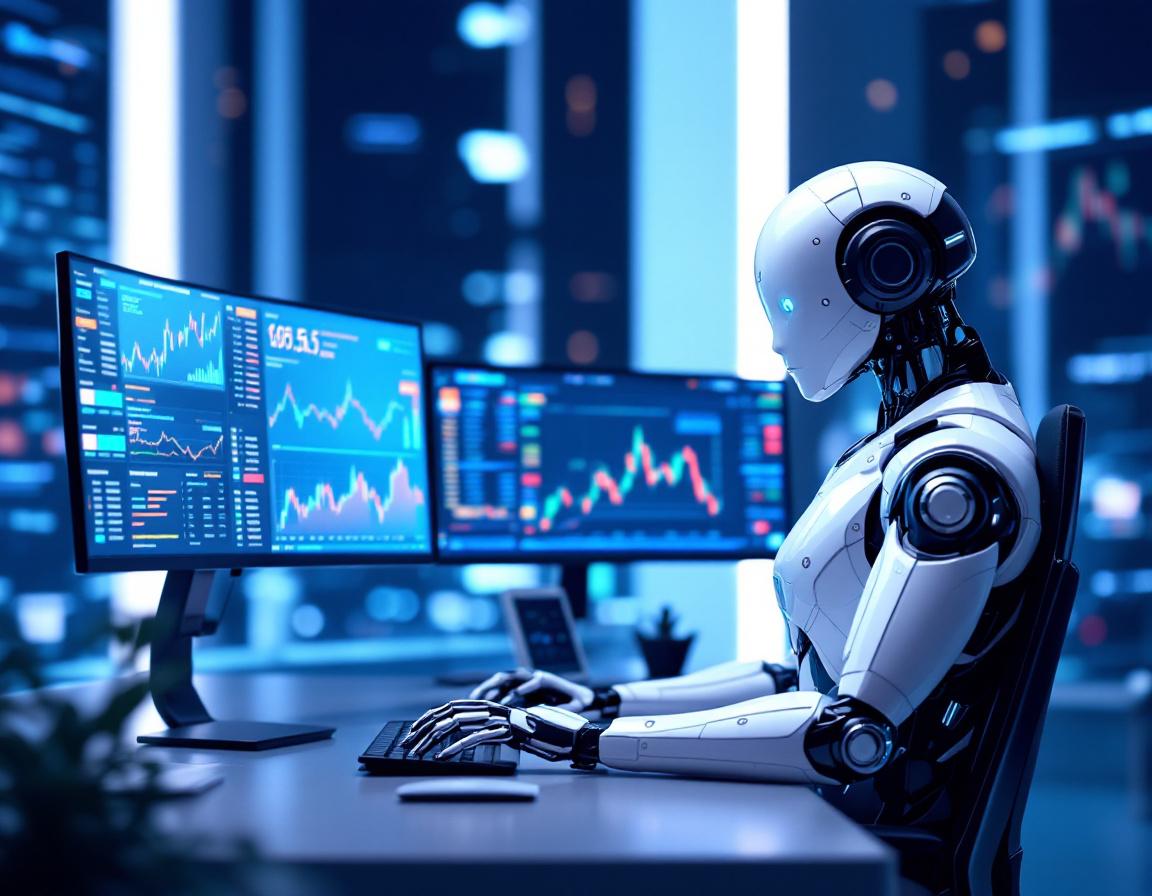 A futuristic AI trading bot analyzes market data at a high-tech workstation with glowing screens.