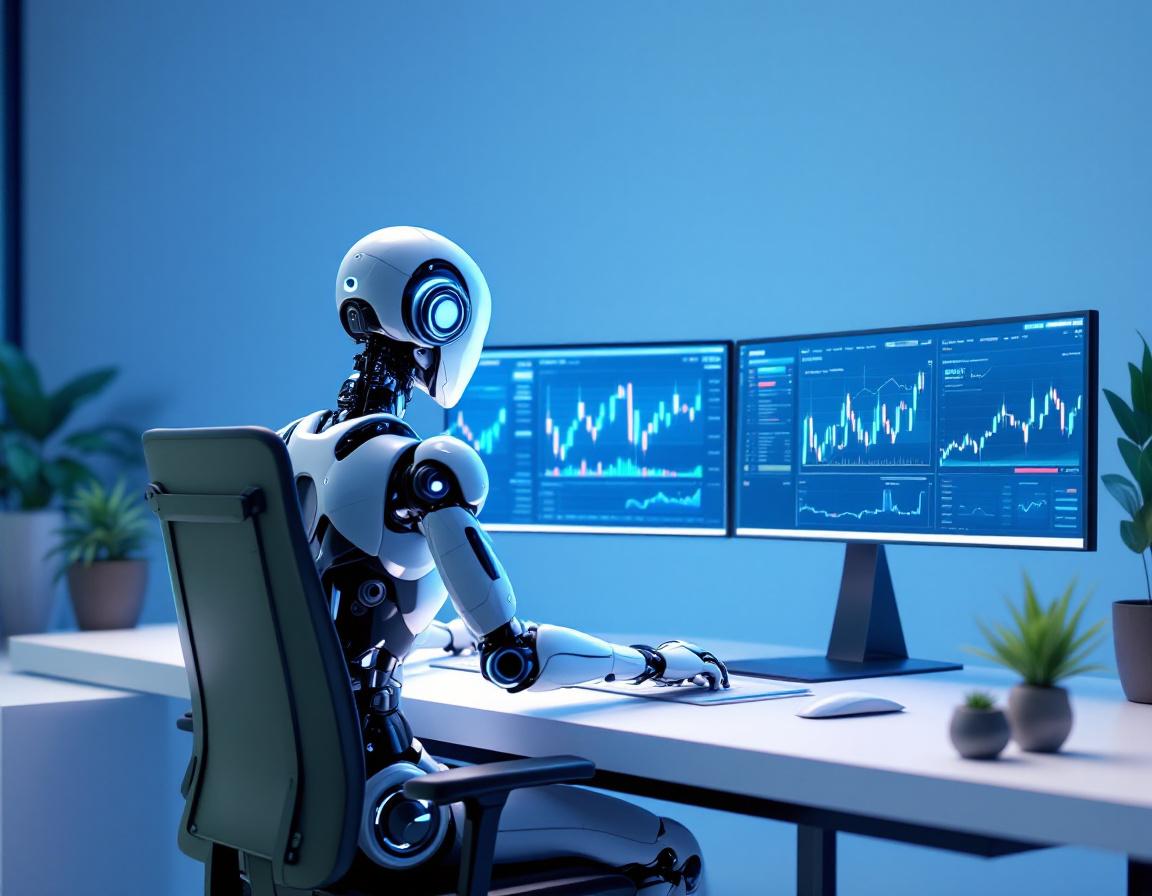 A hyper-realistic AI trading bot at a workstation, analyzing market data on multiple screens.