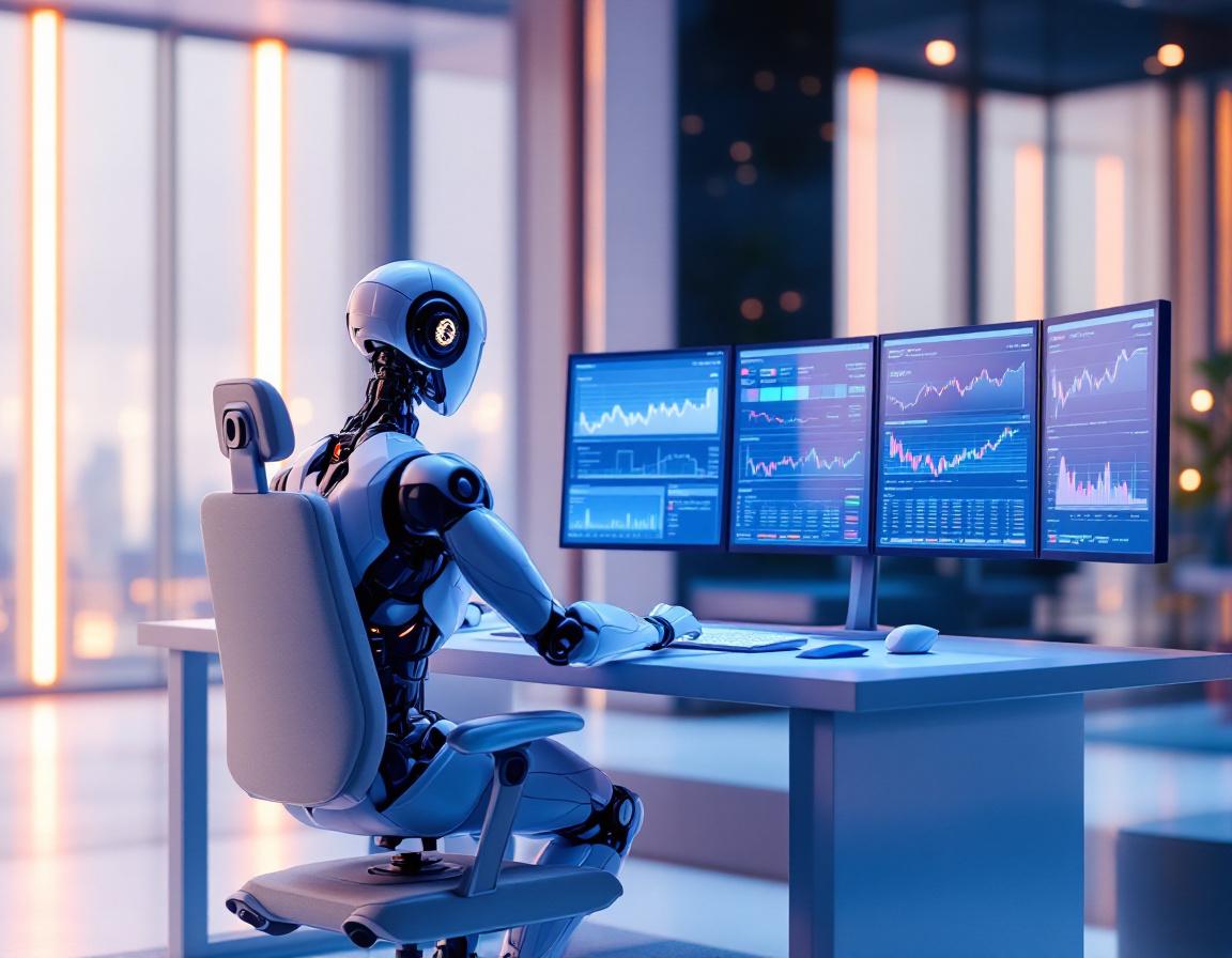 A humanoid AI trading bot at a futuristic workstation, analyzing crypto charts with soft lighting.