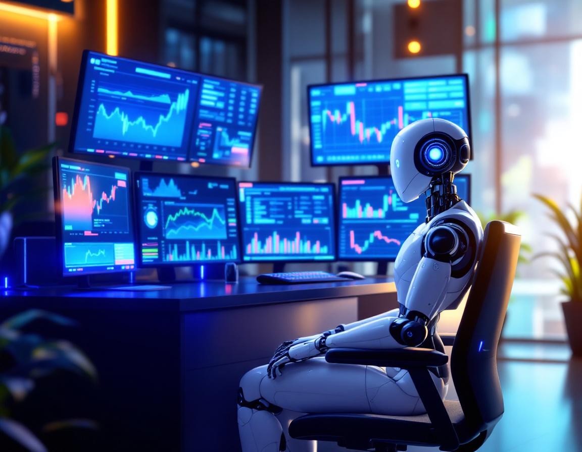 A humanoid AI trading bot analyzes market data at a high-tech workstation with multiple screens.