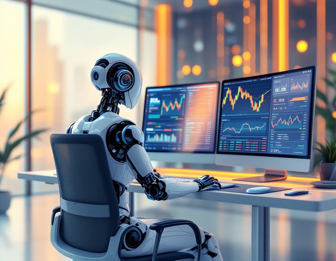 A hyper-realistic AI trading bot at a workstation analyzing market data with screens showing trends.
