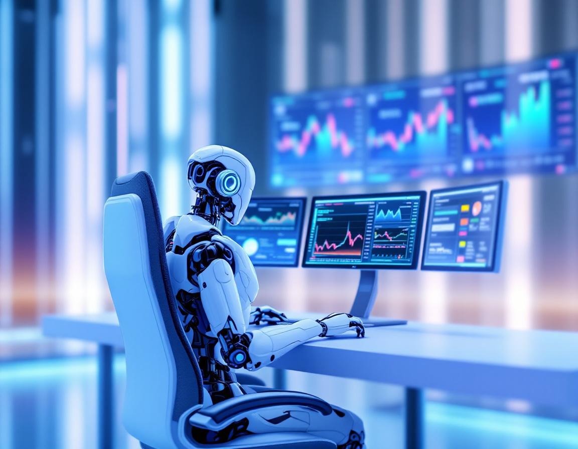 A humanoid AI trading bot at a high-tech workstation analyzes market data across multiple screens.