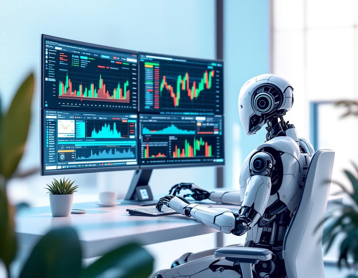A humanoid AI trading bot at a high-tech workstation, analyzing market data on multiple screens.