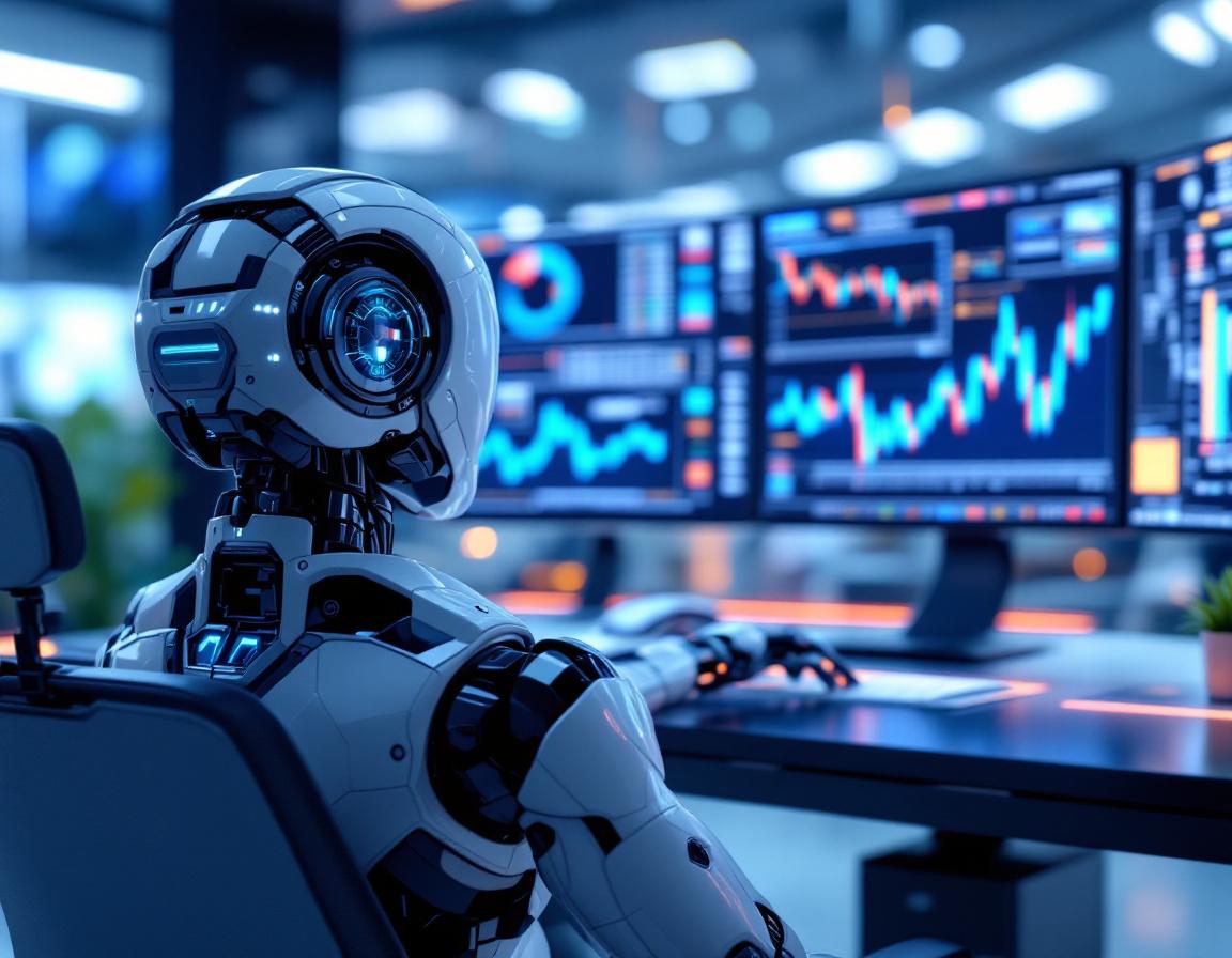 A sleek humanoid AI trading bot in a high-tech workstation analyzing stock and crypto charts.