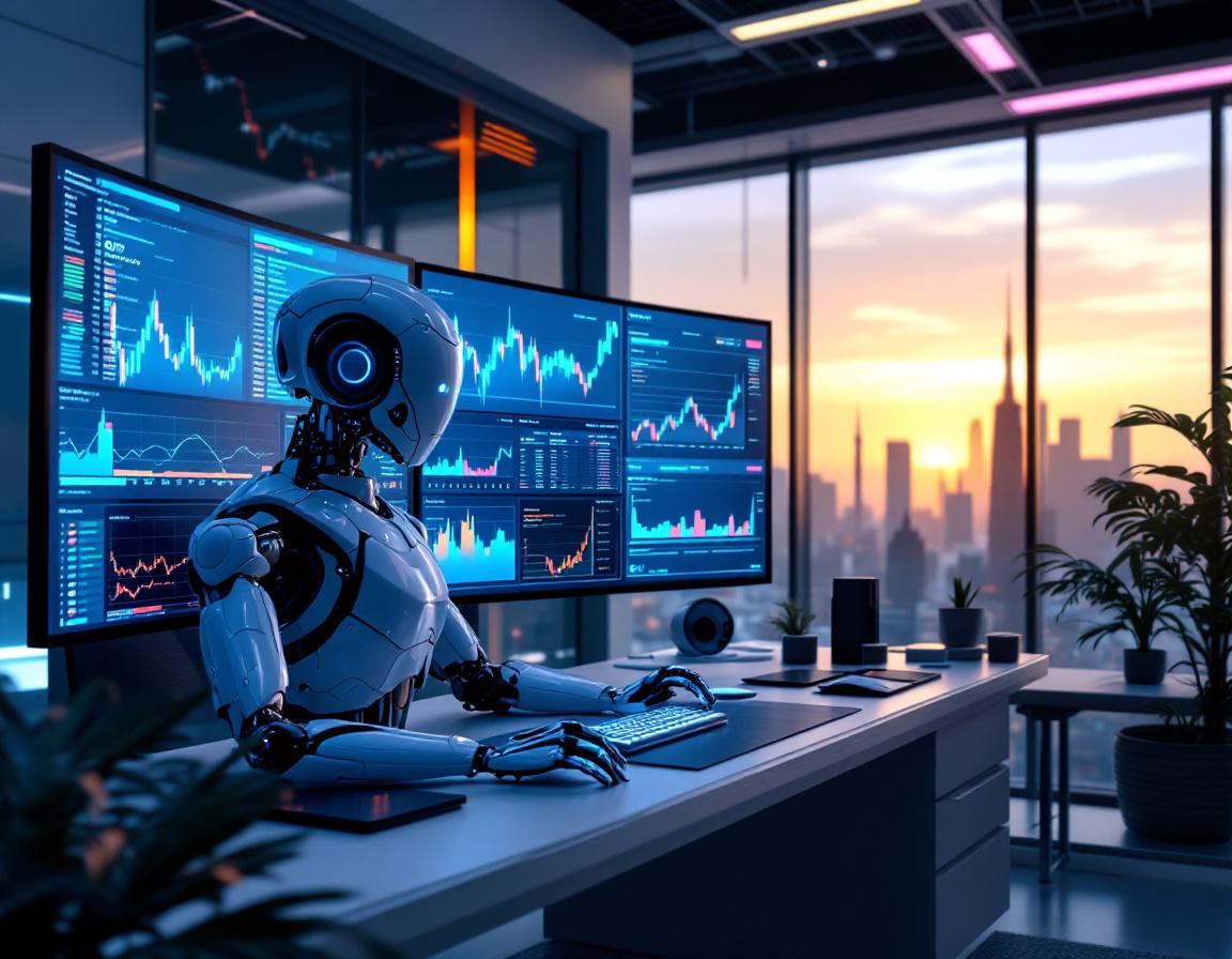 A hyper-realistic AI trading bot analyzes market data at a sleek workstation with multiple screens.