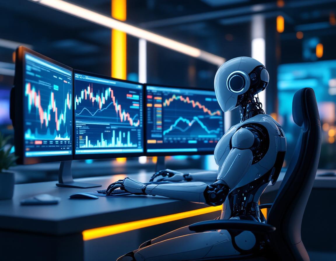 A humanoid AI trading bot analyzes market data at a high-tech workstation with multiple screens.
