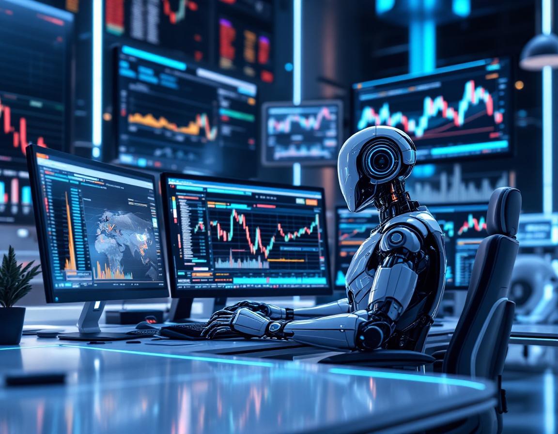 A hyper-realistic AI trading bot at a high-tech workstation analyzing data across multiple screens.