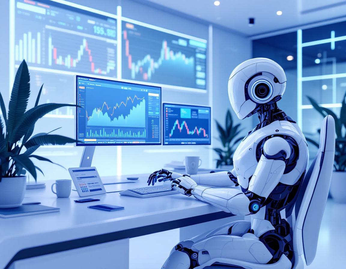 A hyper-realistic AI trading bot engages in market analysis at a high-tech workstation with screens.