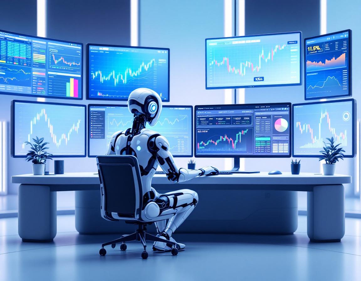 A hyper-realistic AI trading bot analyzes market data at a high-tech workstation displaying charts.